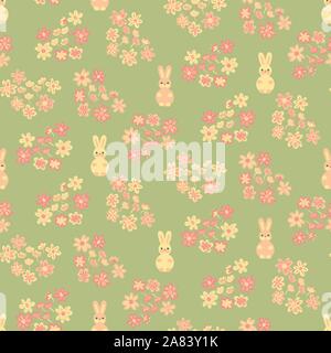 seamless vector pattern with pink and yellow bunnies and foral hearts on a fresh green background Stock Vector