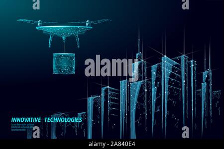 No drones city low poly banner template. Regulation of unmanned aerial vehicles sky delivery. Law ban aircraft privacy protection. Private zone Stock Vector