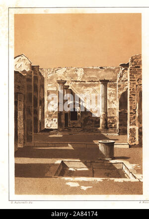 View of the House of the Tragic Poet, Pompeii VI.8.5. Showing the tablinum, impluvium (pool), well, peristyle (garden courtyard) and aedicula lararium (shrine). Chromolithograph and illustration by G. Autoriello from Antonio Niccolini’s Pompeii: Views and Restorations (Pompeii: Essaies et Restaurations), published by Zucchi & De Luca, Naples, 1898. Antonio was grandson of the architect Antonio Niccolini Sr.