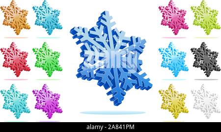 3d colorful snowflakes collection isolated on white background. Winter christmas snow flake crystal element. Weather illustration ice set. Stock Vector