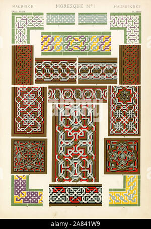 Varieties of Moorish interlaced designs from the Alhambra, Granada, Spain. Borders on mosaic Dados, 1-5,16,18, plaster ornaments on the walls 6-12,14, square stops 13,15, and ornament from the Great Arch in the Hall of the Boat 17. Chromolithograph by Francis Bedford from Owen Jones' The Grammar of Ornament, Quaritch, London, 1868. Stock Photo