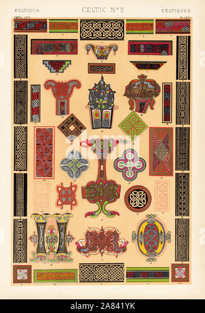 Specimens of the interlaced style in Celtic ornament. Ribbons from illuminated manuscripts, gospels, Bibles, etc. Chromolithograph by Francis Bedford from Owen Jones' The Grammar of Ornament, Quaritch, London, 1868. Stock Photo