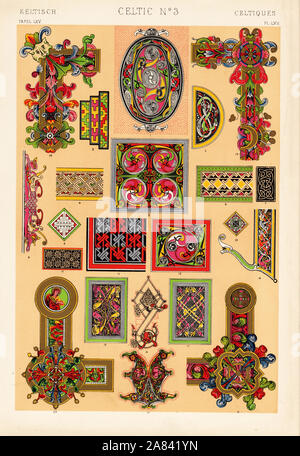 Specimens of the spiral, diagonal and zoomorphic designs in Celtic ornament, and later Anglo-Saxon ornament. Initials, ribbons and animals from illuminated manuscripts, Gospels of Lindisfarne, Book of Kells, Bibles, etc. Chromolithograph by Francis Bedford from Owen Jones' The Grammar of Ornament, Quaritch, London, 1868. Stock Photo