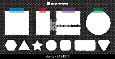 Set of paper torn sheets with tape on transparent background. Vector illustration Stock Vector
