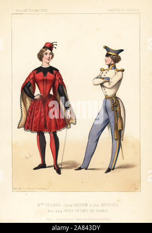 Actress Mlle. Desiree as Sizerin and an officer in Les Trois Peches du Diable by Charles Varin and Lubize (Pierre-Henri Martin), Theatre du Gymnase, 1844. Handcoloured lithograph after an illustration by Alexandre Lacauchie from Victor Dollet's Galerie Dramatique: Costumes des Theatres de Paris, Paris, 1845.