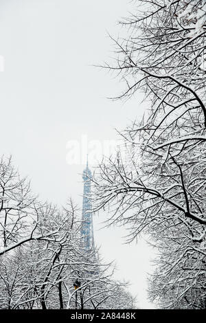 Eiffel tower under snow, Paris, France Stock Photo