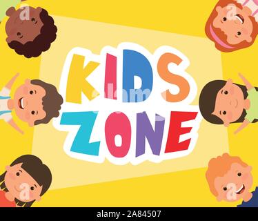 kids zone lettering with interracial children Stock Vector