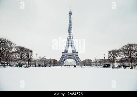 Eiffel tower under snow, Paris, France Stock Photo