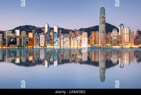 Night and Skyline of Urban Architecture in Hong Kong Stock Photo