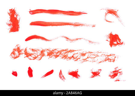 Red paint strokes made by gouache isolated on white background. Stock Photo