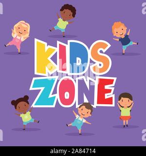 kids zone lettering with interracial children Stock Vector