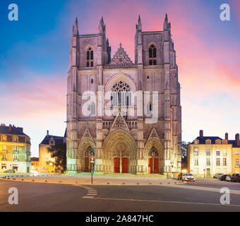 Nantes city in France - Sunset view on the saint Pierre cathedral Stock Photo