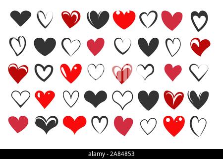 Set of Hand Drawn Heart Icons drawn in different styles. Vector illustration. Stock Vector