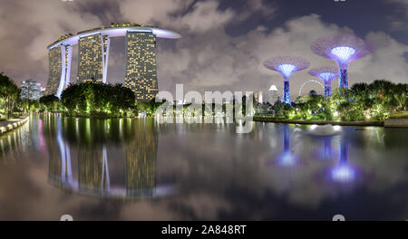 SINGAPORE - JUNE 23, 2019: Beautiful dusk at Garden by the Bay. Calm water at the Lily Pond create reflection for the man made structure, Super Tree a Stock Photo