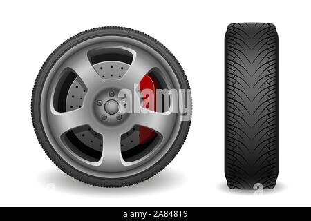 Car wheel with brake gear isolated on white. Realistic sport car tires vector illustration Stock Vector