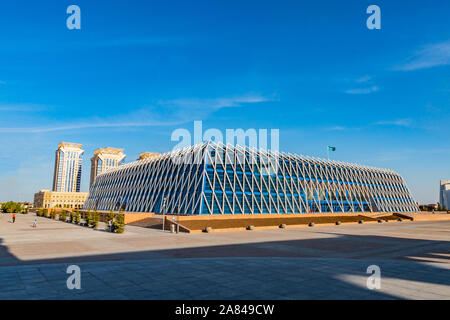 Nur-Sultan Astana GKKP Independence Palace Building Picturesque View on a Sunny Cloudy Blue Sky Day Stock Photo