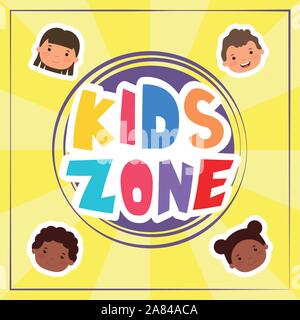 kids zone lettering with interracial children Stock Vector