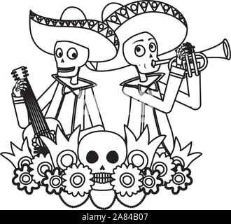 mexican mariachis skulls playing guitar and trumpet Stock Vector