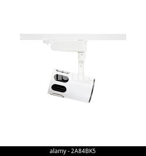 White spot light source. Lamp LED. Spot ceiling Track light lamp isolated on a white background. Stock Photo