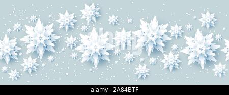 Realistic paper cut snowflakes banner Stock Vector