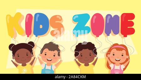 kids zone lettering with interracial children Stock Vector