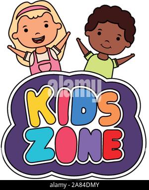 cute little interracial children couple with kids zone lettering Stock Vector