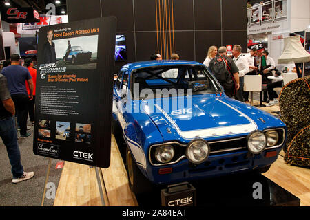 Las Vegas, United States. 05th Nov, 2019. The 1970 Ford Escort RS1500 Mk1, screen car driven by the late actor Paul Walker in Fast & Furious 5, on display during the 2019 SEMA Show, at the Las Vegas Convention center in Las Vegas, Nevada, on Tuesday, November 5, 2019. Two RS1500's were destroyed in the iconic jump scene in the movie. Photo by James Atoa/UPI Credit: UPI/Alamy Live News Stock Photo