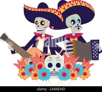 mexican mariachis skulls playing guitar and accordion Stock Vector