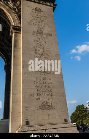 A fragment of a pillar of the Arc de Triomphe de l'Étoile in Paris with the engravings of the victorious battles Stock Photo