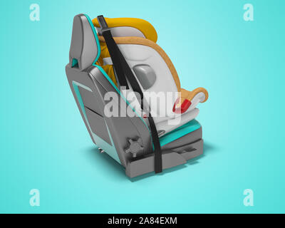 Orange baby car seat with five point safety straps with isofix 3d render on blue background with shadow Stock Photo