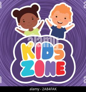 interracial children with kids zone lettering Stock Vector