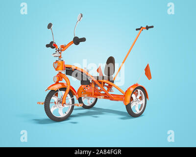 Orange kids bike with telescopic handle holder 3d render on blue background with shadow Stock Photo