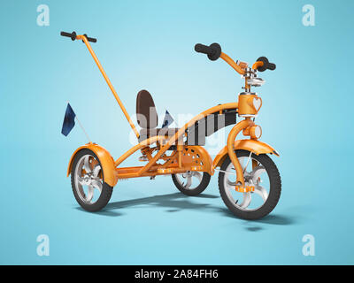 Orange kids bike with telescopic handle isolated 3d render on blue background with shadow Stock Photo