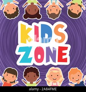 kids zone lettering with interracial children Stock Vector