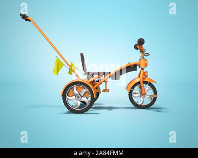 Orange kids bike with telescopic handle side view 3d render on blue background with shadow Stock Photo