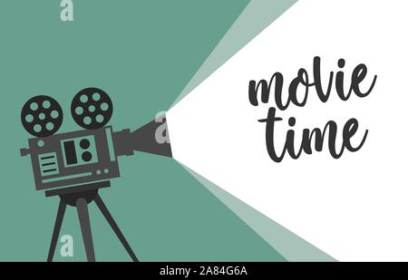 Movie time concept with retro camera isolated on green beams.  Stock Vector