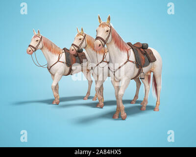 Three horses in bridle go 3d render on blue background with shadow Stock Photo