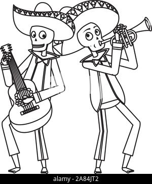 mexican mariachis skulls playing guitar and trumpet Stock Vector