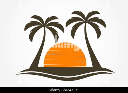 Palm trees and sun setting over island. Vector illustration Stock Vector