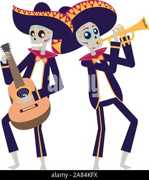 mexican mariachis skulls playing guitar and trumpet Stock Vector