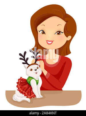 Illustration of a Girl Putting on Christmas Costume with Reindeer Antler on Her Pet Cat Stock Photo