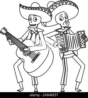 mexican mariachis skulls playing guitar and accordion Stock Vector