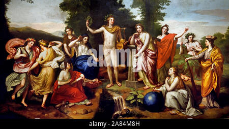 Parnassus 1761 by Mengs Anton Raphael 1727-1779, Italy, Italian. (  The general composition is inspired by Raphael’s fresco ‘Parnas’ in Stanza della Segnatura in the Vatican Palace in Rome. In the centre is Apollo Mousagetes, the Sun God, patron of the arts and the leader of the Muses, with his attributes of a lyre, a crown on the head and a laurel wreath in his hand. Seated to his right is Mnemosyne, the mother of the Muses and the goddess of memory, as well as Clio, the Muse of history, Thalia, the Muse of comedy, and the dancing Erato and Terpsichore. To his left is Calliope Stock Photo