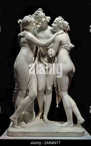 The Three Graces by Antonio Canova (1757-1822) is a Neoclassical sculpture, in marble, of the mythological three charities, daughters of Zeus, from left to right, Euphrosyne, Aglaea and Thalia, Greek, Italian, Italy. Stock Photo