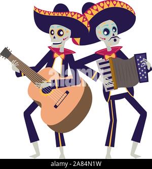 mexican mariachis skulls playing guitar and accordion Stock Vector