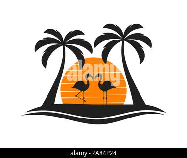 Palm trees, two flamingos and sun setting over island. Vector illustration Stock Vector
