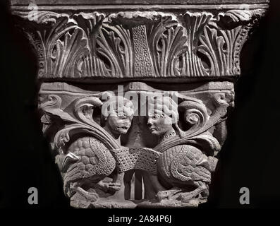 Double Capital, Birds Sirens Confronting in Foliage, 1145 12th Century from the Partition of the Abbey of Saint Denis . Cluny Museum - National Museum of the Middle Ages, Paris, France, French. Stock Photo