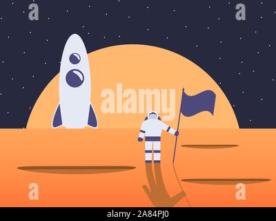 Astronaut on the background of a spaceship. Colonization of Mars. Vector illustration Stock Vector