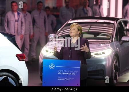Zwickau, Germany. 04th Nov, 2019. Chancellor Angela Merkel (CDU) speaks at a ceremony at the VW plant to mark the start of production of the ID3 electric car. Credit: Sebastian Willnow/dpa-Zentralbild/dpa/Alamy Live News Stock Photo
