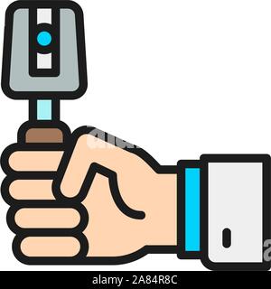 Hand with instrument for eye examination flat color line icon. Stock Vector